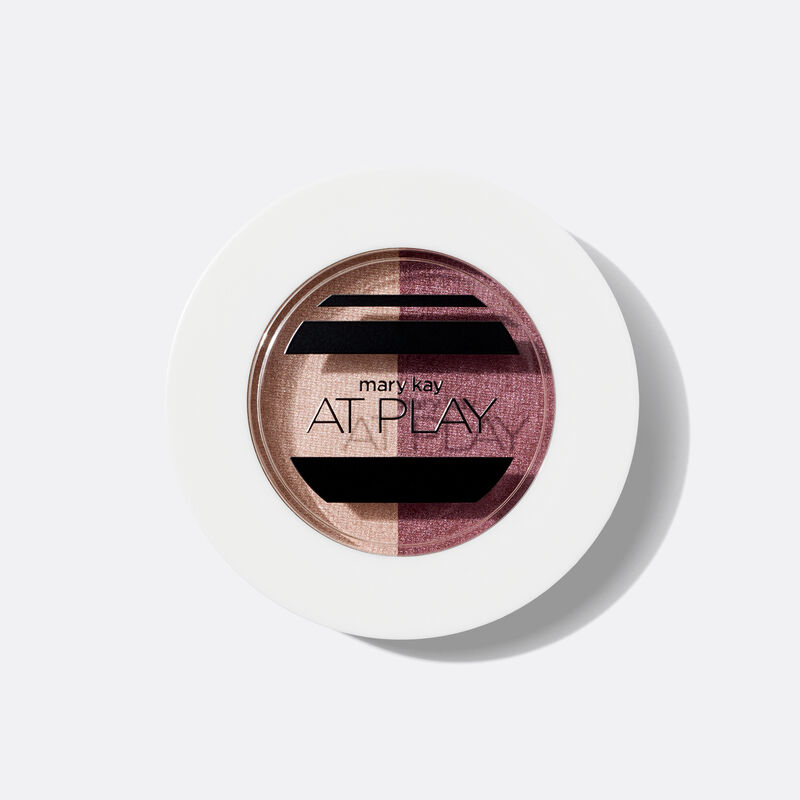Closed compact of special-edition Mary Kay At Play Eye Shadow Duo in Rosy Plum on white background