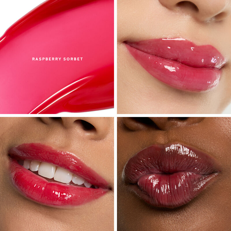 Tinted Lip Butter in Raspberry Sorbet modeled on light medium and deepskintoned lips