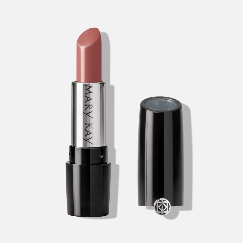 An open tube of Mary Kay Gel Semi-Shine Lipstick in the shade Rosewood.