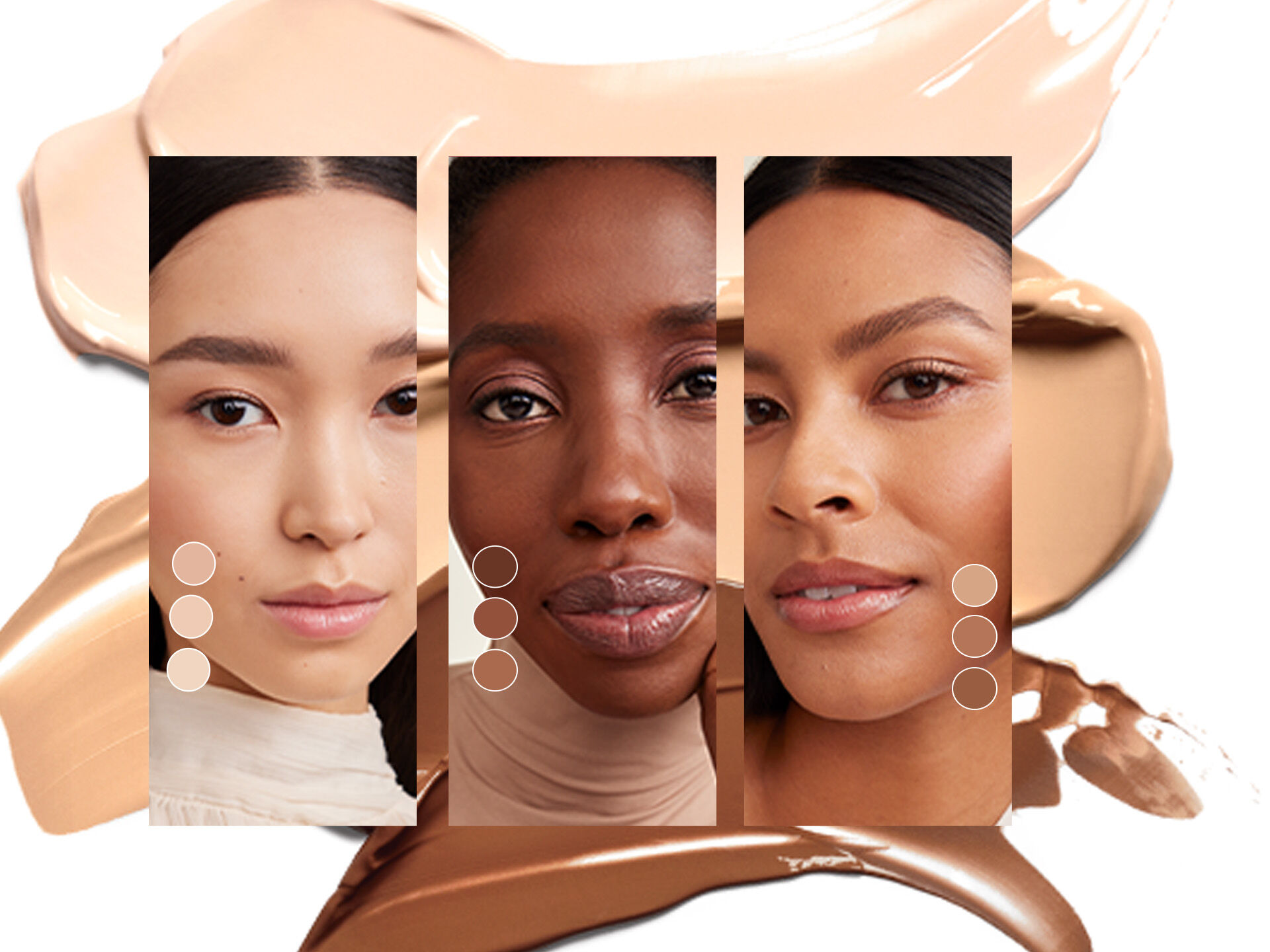 Tres mujeres de distintos tonos de piel luciendo bases de Mary Kay, con el producto y sus muestras suavemente visibles al fondo.